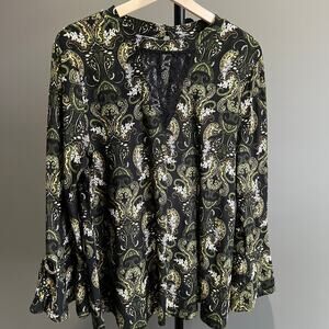 Skye's the Limit Black Green Paisley Long Sleeve Blouse Top size L Flowey Boho